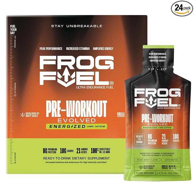 Frog Fuel Ultra Energy Gel & Energized Pre Workout Shot with 120mg Caffeine, 1500mg Beta Alanine, Electrolytes 8g Protein Nano-Hydrolyzed Grass Fed Collagen, 10g Carbs, Berry, 1.2 oz Packets, 24 Pack