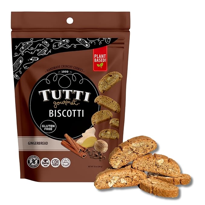 Tutti Gourmet Gluten Free Gingerbread Biscotti, 9.9 oz (283g) Resealable Cookie Bag - Vegan and Halal Snacks