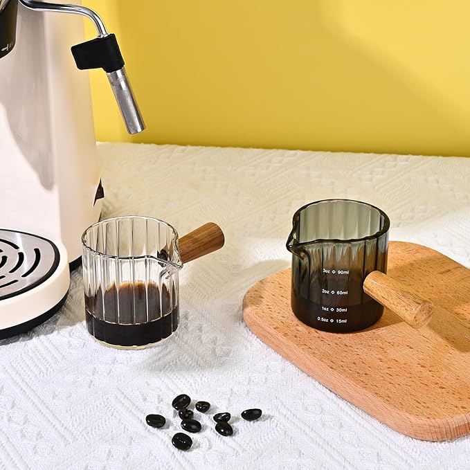Glass Measuring Cup, 3oz Espresso Shot Glass with Wood Handle, Single Spout Measuring Cups Pitcher Milk Cup Coffee Shot Glasses (Gray Ribbed)