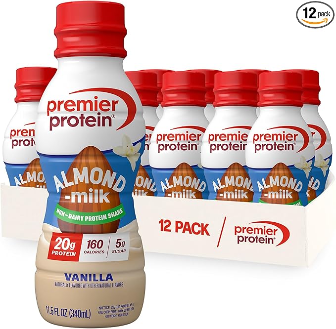 Premier Protein Almondmilk Plant Based Protein Shake, 20g Protein, 5g Sugar, 11.5 Fl oz, Vanilla, 12 Count