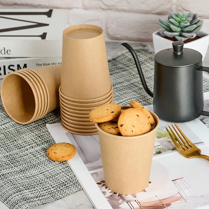 LITOPAK 100 Pack 8 oz Kraft Paper Coffee Cups for Water, Juice, and Tea, Disposable Hot Coffee Cups for Home, Restaurant, Store, and Cafe