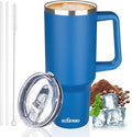 40 oz Insulated Coffee Mug with Ceramic Coating, Stainless Steel Travel Mug Tumbler with Handle Lid and Straw, Double Wall Leak-Proof Coffee Travel Mug Keeps Drink Hot and Cold (Blue)