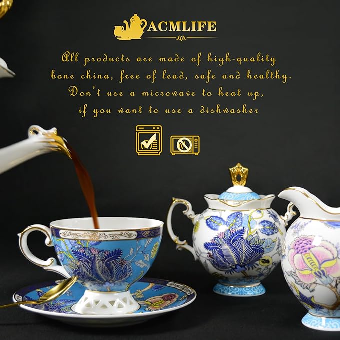ACMLIFE Tea Sets for Adults for 6, Blue Tea Set with Cups, Fine Bone China 24K Gold, Tea Pot and Cups Set, Vintage British English Porcelain Afternoon Service Sets for Women Tea Party for Luxury Gift