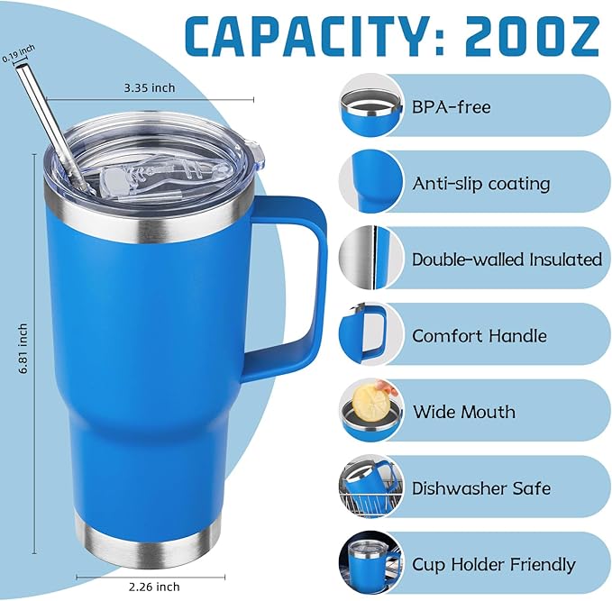 20 oz Tumbler with Handle Stainless Steel Insulated Coffee Mug Tumbler with Lid and Straw Double Wall Vacuum Insulated Coffee Mug Leak Proof Travel Mug Tumbler for Hot and Cold Drink (Mix Color-3)