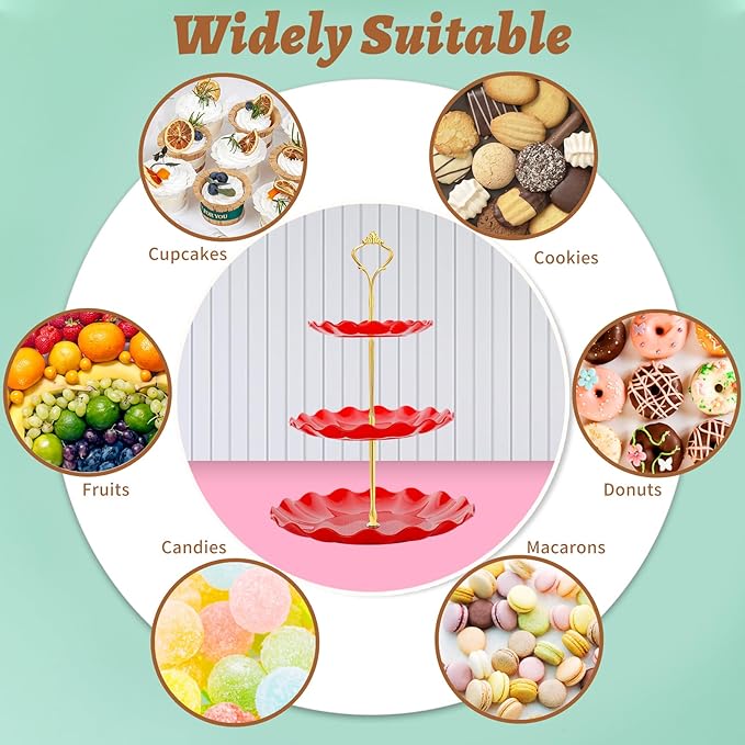 3 Tier Cupcake Stand Holder, Plastic Cup Cake Stand Tower with Tiered Serving Tray for Cupcakes, Donuts, Fruits and More, Red