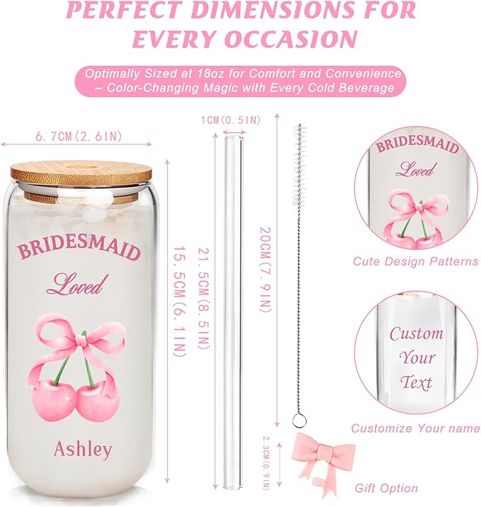 Personalized Tumbler with Cherries Bows-Can Shaped Glass with Lids and Straws-18OZ Iced Coffee Cups with Lids, Cherry Decor Cute Glass Cups, Mothers Day Bridesmaid Gifts for Women (Bow-text)