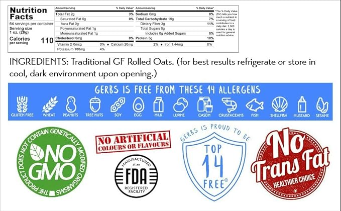 Gerbs Gluten-Free Traditional Rolled Oats 4 lbs. | Premium Grade, Resealable Bag | Hearty Texture, Ideal for Baking & Breakfast | Top 14 Allergen-Free