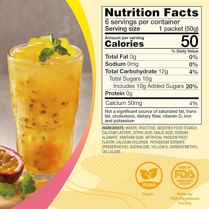 J WAY Bursting Popping Passion Fruit Boba Pearls, Passion Fruit Syrup, Non-Dairy, Fat-Free Popping Tapioca Boba for Beverages, Sweets, Ice Cream, 1.8oz (Pack of 6)
