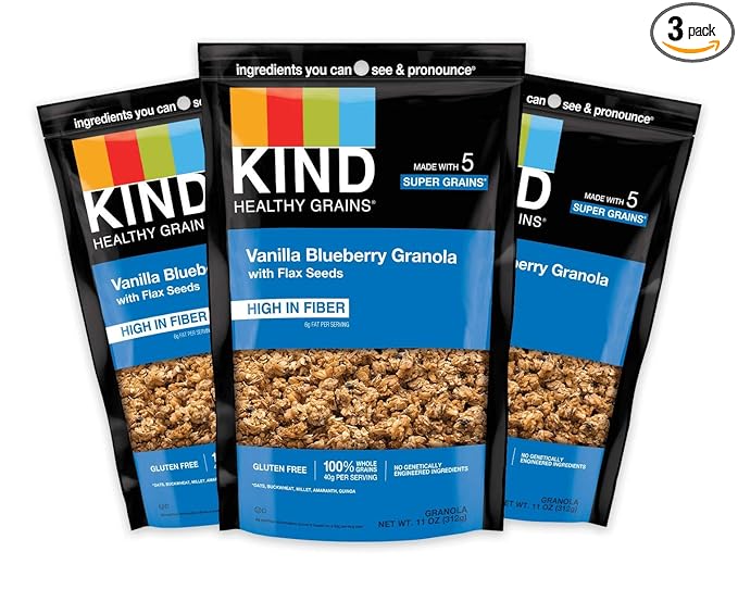 KIND Healthy Grains, Vanilla Blueberry Granola with Flax Seeds, Healthy Snacks, Gluten Free, 100% Whole Grains, 5g Protein, 11oz, 3 Count