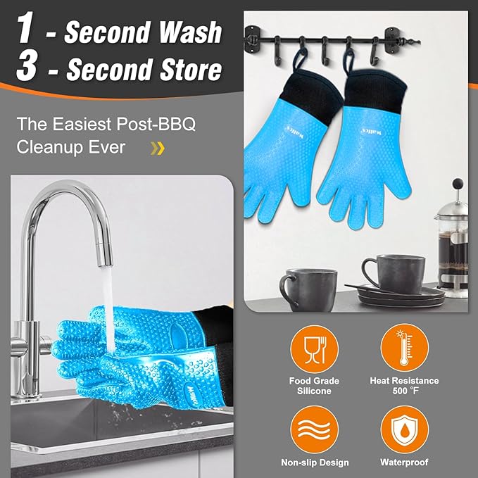 Walfos Silicone BBQ Gloves - Heat Resistant Grilling Gloves, Premium Non-Slip Kitchen Silicone Oven Mitt with Protective Cotton Layer Inside, Waterproof, Great for Grilling, Kitchen and Cooking, Blue