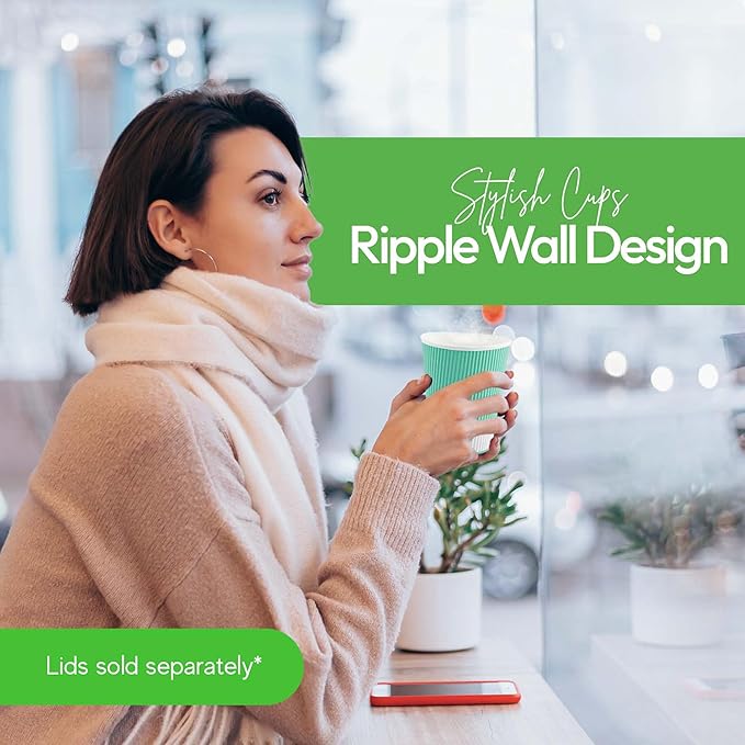 Restaurantware 12 Ounce Ripple Wall Disposable Coffee Cups, 500 Insulated Midnight Light Green Paper Tumblers with Rolled Rim Design, Lids Sold Separately for Hot Drinks like Tea, Hot Chocolate