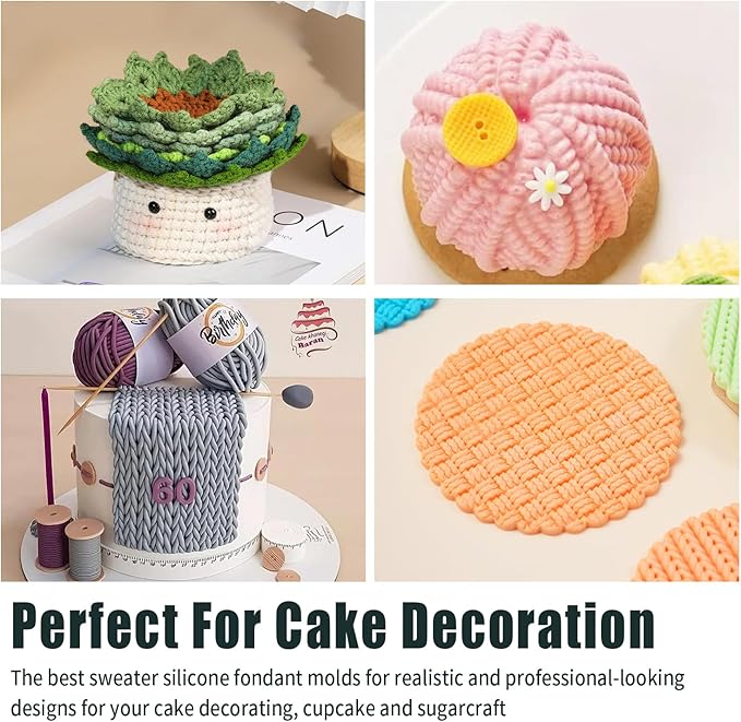 KALAIEN Sweater Texture Fondant Impression Mats Knit Fondant Embosser Texture Mats for Clay Cake Decorating Fondant Molds Set of 3