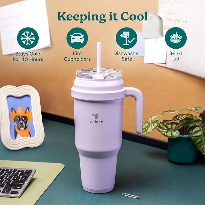 REDUCE 50 oz Stainless Steel Tumbler with Handle - Dual-Wall Vacuum Insulated Travel Mug, Sweat-Proof Lid & Reusable Straw - Keeps Drinks Cold for 24 Hrs, Fits Cupholders, Dishwasher Safe - Pink Clay