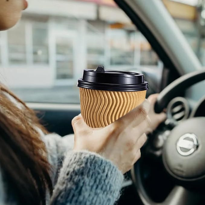 90 Pack - 8 oz Disposable Coffee Cups with Lids and Straws,To go Coffee Cups,Insulated Corrugated Paper Cups,Kraft Ripple Wall Cups for Hot Beverage or Cold Drinks -Champagne