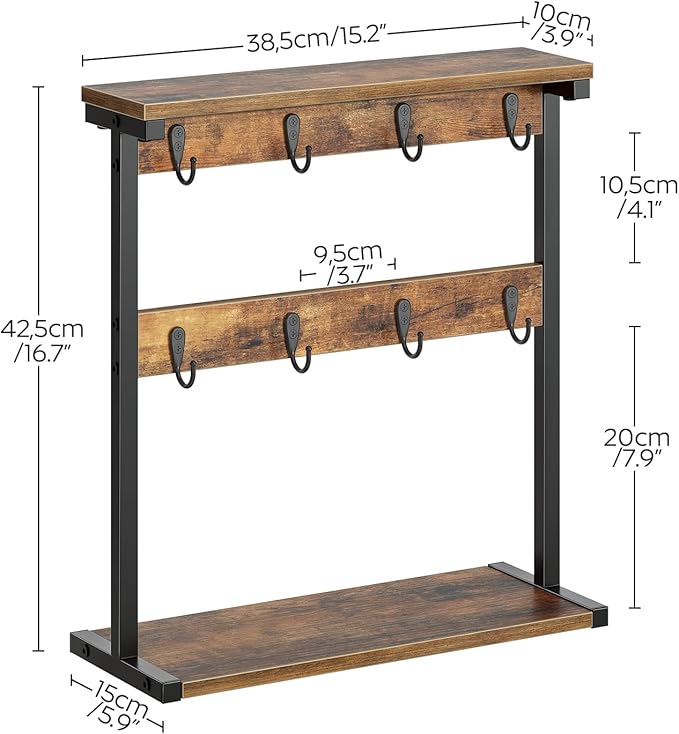 Coffee Mug Holder for Counter, 2 Tier Mug Tree Rack, with 8 Hook and 2 Open Shelves, Vintage Mug Holder Stand for Home Kitchen, Rustic Brown MH43BR