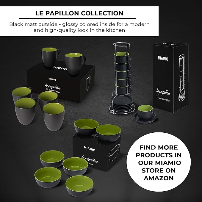 MIAMIO - 2.5 oz Espresso Cup Set with Saucers Set of 6 - Ceramic Coffee Mug Stackable Espresso Mug with Stand for Coffee Drinks, Latte, Cafe Mocha - Le Papillon Collection (Green)
