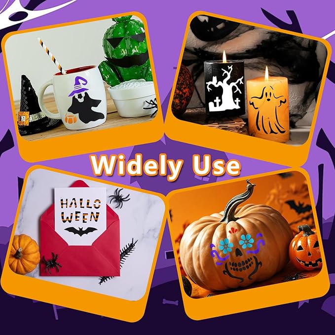 72 PCS 3x3 Inch Halloween Stencils for Painting - Pumpkin, Ghost, Bat, Spider Web Witch Skull Reusable Halloween Painting Templates on Wood, Glass, Fabric, Window Door Decor DIY Decoration