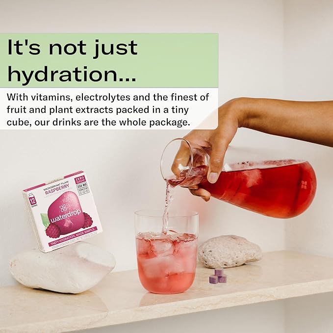 Waterdrop Hydration Cubes with Vitamin C, B Vitamins, and Electrolytes, Raspberry Flavor, Flavored Water Enhancer Cubes for Still & Sparkling Water, Low Calorie, Sugar Free Electrolytes, 48 Count
