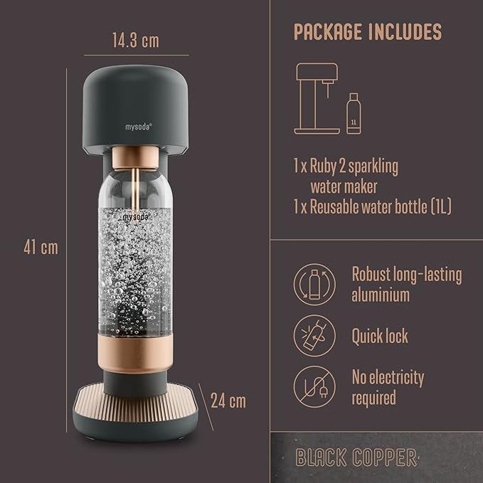 Mysoda Ruby 2 Sparkling Water Maker - Soda Streaming Machine Silent Carbonated Water Machine Robust Long-Lasting Aluminium Soda Maker 1L Water Bottle Without CO2 Cylinder - Black Copper Soda Machine