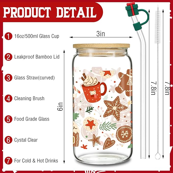 Christmas Glass, 16 Oz Winter Iced Coffee Glass with Straw and Lid, Festive Winter Theme, Perfect for Christmas and Holiday Celebration Decorations (One)