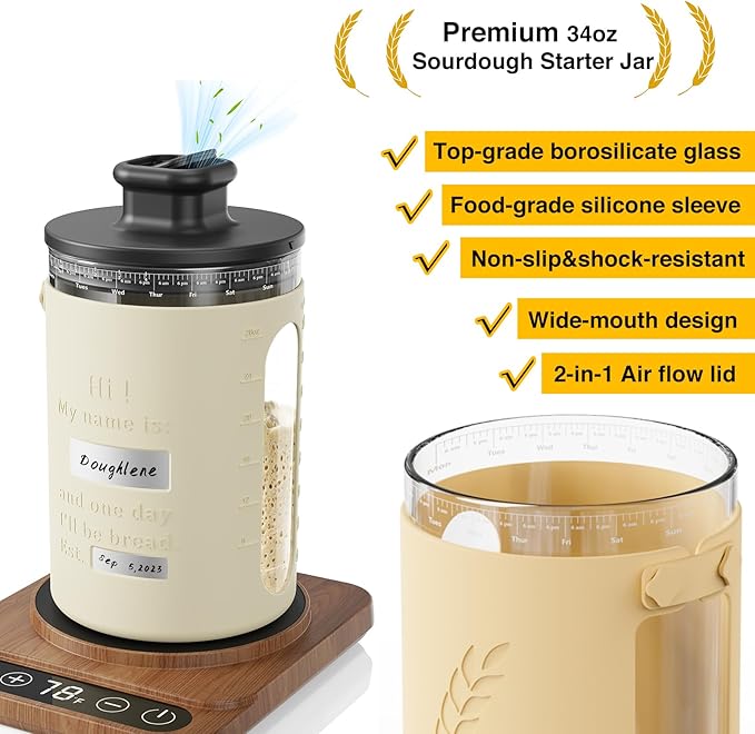 Sourdough Starter Warmer with Sourdough Starer Jar Set, Personalized 34oz Large Glass Fermentation Jar with Silicone Sleeve, Auto On/Off, 12H Timer – Ideal for Winter Home Baker White