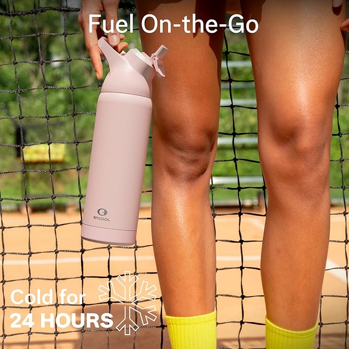 Insulated Water Bottle with Straw - Encool Stainless Steel Water Bottle, Reusable Leakproof and BPA-Free for Sports, Travel, Cold for 24 Hours, 24 oz, Cotton Candy
