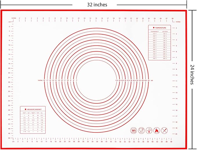Yansumi Silicone Pastry Mat Extra Large Non-Slip Mat for Rolling Dough Pie Crust and Baking Non-Stick with Measurements (Red, 32x24)