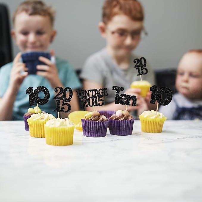 Gyufise 24Pcs 10th Birthday Cupcake Toppers Glitter Ten Vintage 2015 Double Digits 10 Cupcake Picks Hello 10 Years Birthday Cake Decorations for Happy 10th Anniversary Party Supplies Black