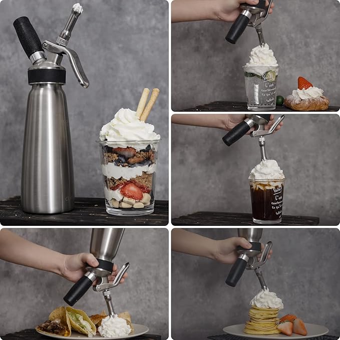 CURTA Stainless Steel Professional Whipped Cream Dispenser, Leak-Free Cream Whipper, Cream Maker with 3 Decorating Tips & Cleaning Brush, 500ml / 1 Pint Canister, N2O Charger (Not Included)