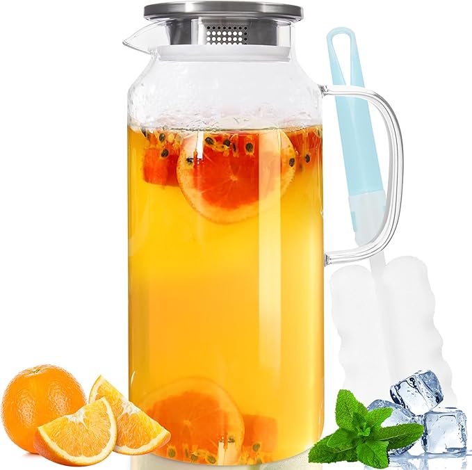 Yirilan Glass Pitcher, 2 Liter(68oz) Water Pitcher with Lid and Spout, Large Pitchers for Drinks, Glass Water Carafe, Glass Jug, Beverage Pitchers