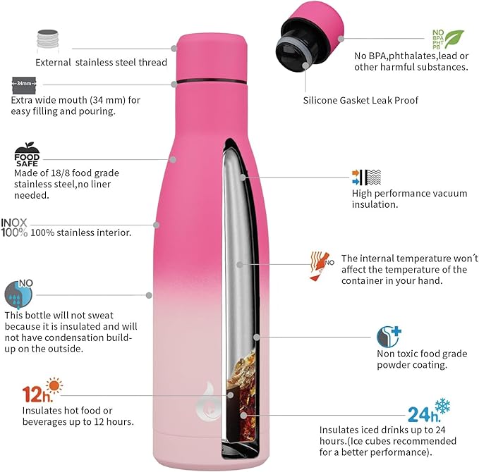 BJPKPK Insulated Water Bottle 17oz Stainless Steel Water Bottles Disawasher Safe Reusable Metal Thermos Keep Cold and Hot,Cherry