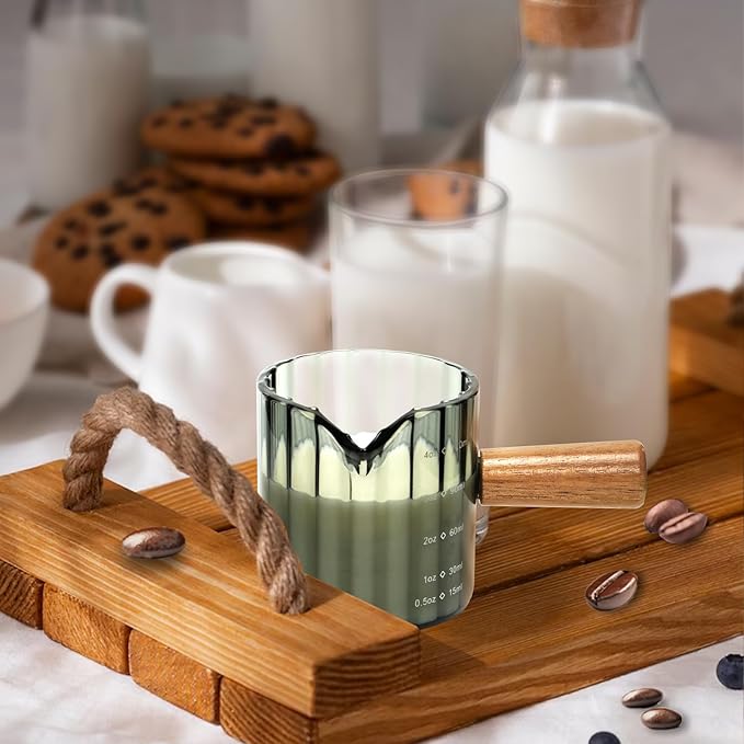 Espresso Cups Set of 2, 4 OZ Espresso Shot Glass with Handle V-Shaped Mouth, Ribbed Milk Frothing Pitcher, Glass Measuring Cup,Cappuccino Cup, Coffee Bar Accessories (Gray)