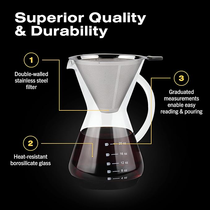 Bean Envy Pour Over Coffee Maker - 5 Cup Borosilicate Glass Carafe - Rust Resistant Stainless Steel Paperless Filter/Dripper - Includes Custom Silicone Sleeve