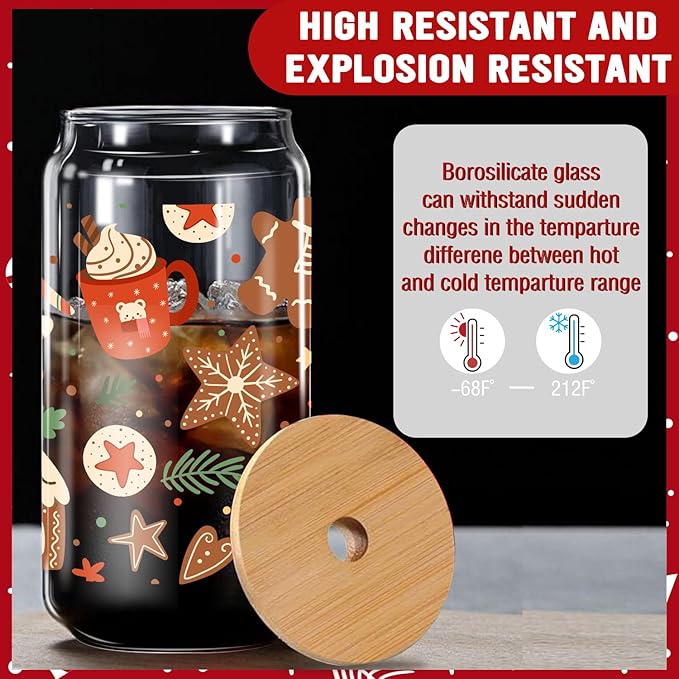 Christmas Glass, 16 Oz Winter Iced Coffee Glass with Straw and Lid, Festive Winter Theme, Perfect for Christmas and Holiday Celebration Decorations (One)