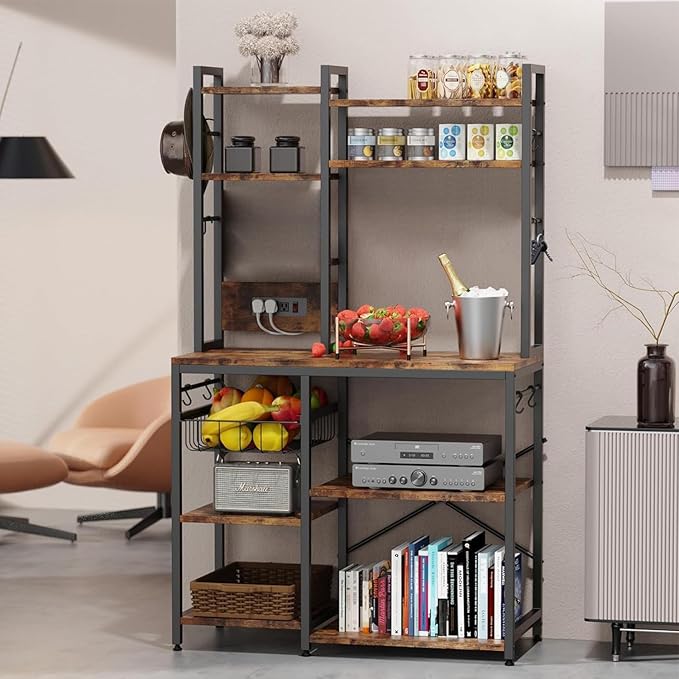 Standing Kitchen Baker’s Rack, Bakers Rack with Power Outlet, 6-Tier Microwave Stand, Coffee Bar with 12 S-Shaped Hooks, Kitchen Shelf with Storage, Coffee Bar Station, for Rustic Brown