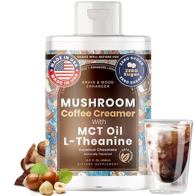 Mushroom Coffee Creamer with MCT Oil by Owl & Ox | L Theanine, Nootropic Superfood Blend, Vegan, Sugar Free, Dairy Free, Adaptogens, Plant Based & Keto Friendly, Hazelnut Chocolate Flavor, 30 Servings