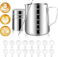 Stainless Steel Milk Frothing Pitcher 20oz/600ml for Milk Cappuccino Coffee Stencils Latte Art, Milk Jug Cup with Decorating Art Pen, Powder Shaker, 16 Pieces Coffee Decorating Stencils