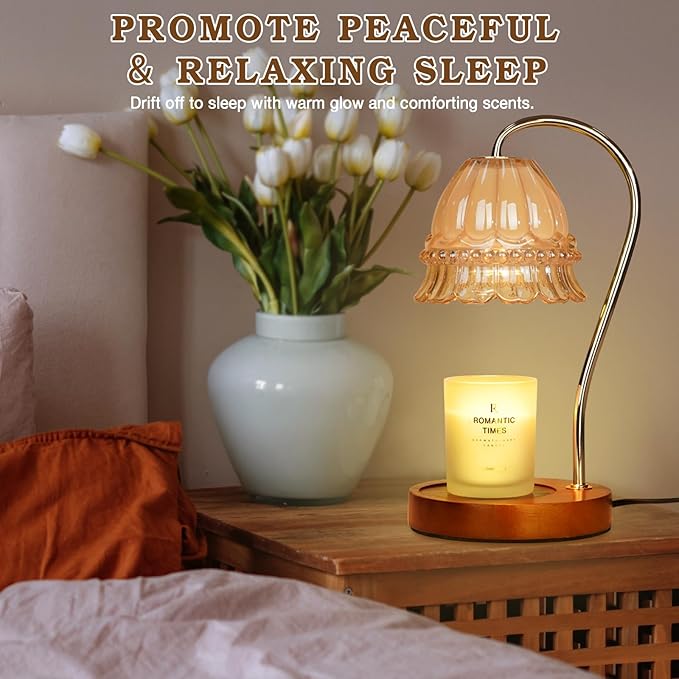Glass Candle Warmer Lamp with Timer, Flower Candle Lamp, Birthday Gifts for Women, Mom, Female Friend, Candle Lamp Warmer Gifts, Electric Dimmable Candle Warmer, Vintage Home Decor, Amber