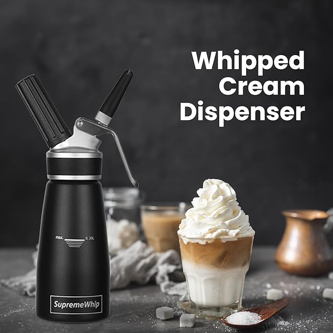 Pro Cream Dispenser, Durable High-Grip, Metal Lid with Rubber, 3 Nozzles, for Hot/Cold Use, Cleaning Brush Included, Black - 250ml/1 Pint