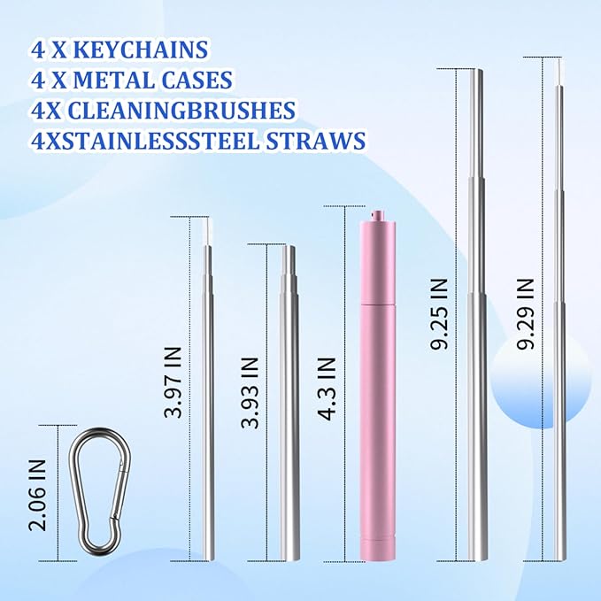 4 Pack Reusable Metal Straws Collapsible Stainless Steel Drinking Straw Travel Portable Telescopic Straw with Case for Cruise Ship Essentials Black-Rose Gold-Silver-Turquoise