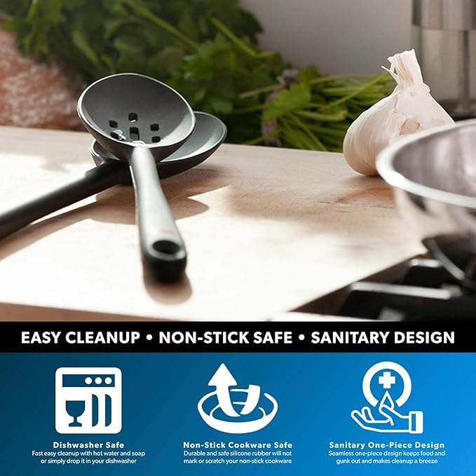 DI ORO Silicone Slotted Spoon - High Heat Silicone Spoon for Cooking & Serving - 600F Nonstick Safe - Dishwasher Safe (Black)