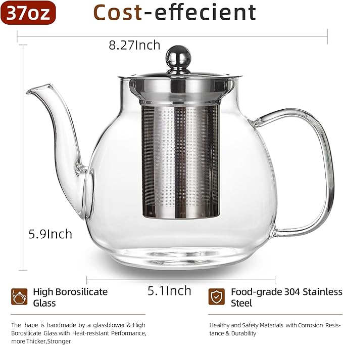 1100ml Glass Teapot with Removable Infuser,37oz Borosilicate Clear Tea Kettle,Stovetop Microwave Safe,Blooming and Loose Leaf Tea Maker Gift