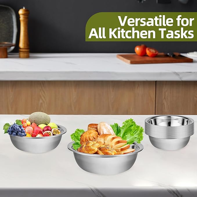 12 Pack 8.66 x 2.64 Inch Stainless Steel Mixing Bowls for Bulk Food Prep with Nesting Design for Hotel Restaurant and Home Kitchen Cooking in Silver