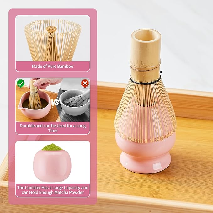 Matcha Whisk Set,9 Pcs Japanese Matcha Set Pink, Matcha Kit with Sifter, Matcha Tea Cloth, Matcha Powder Canister, Electric Rechargeable Frother(Pink)