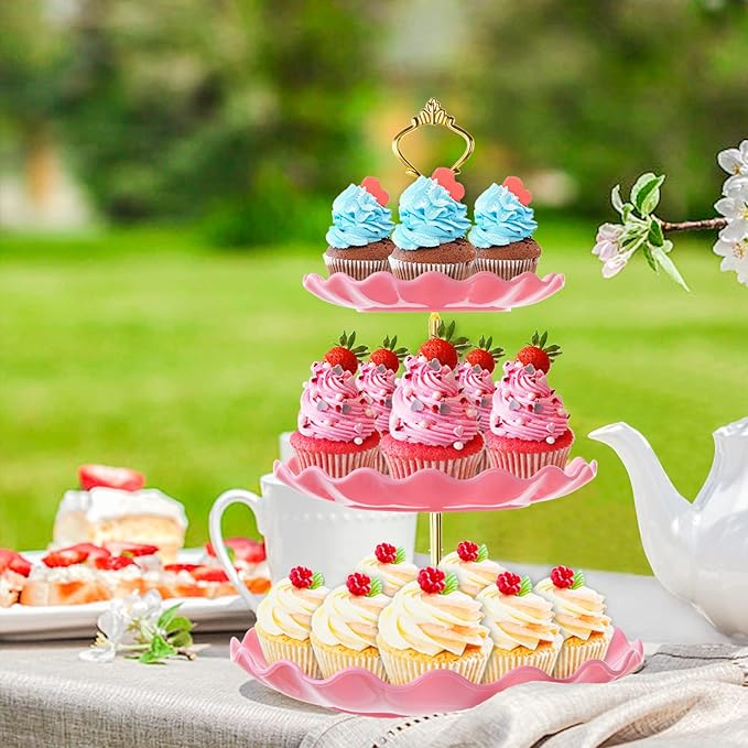 3 Tier Cupcake Stand Holder, BACUTHY Plastic Cup Cake Stand Tower with Tiered Serving Tray for Cupcakes, Donuts, Fruits and More, Pink