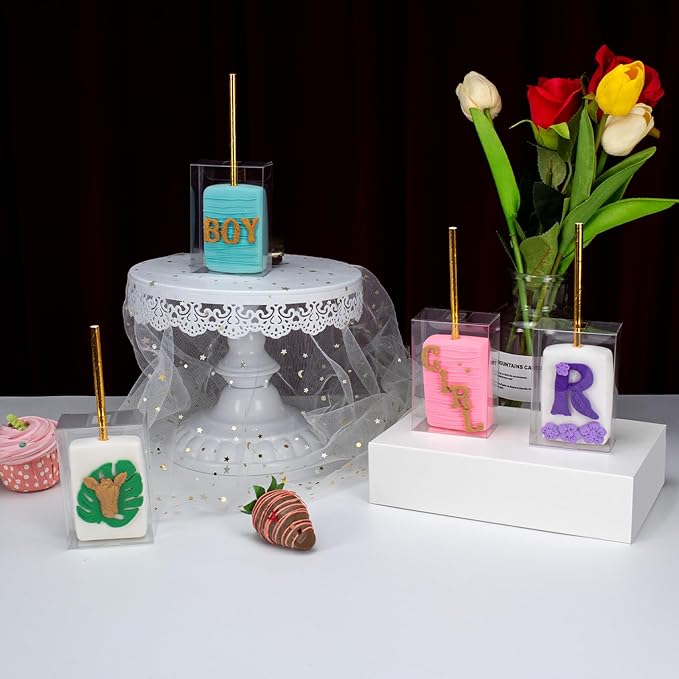 RomanticBaking 100 Pack 3.5"x 2.4"x 1.38" Clear Rice Krispie Treat Boxes with Hole for Cakesickle,Small Macaron,Candy,Treat Boxes Graduation Bab Show Party Favors Box