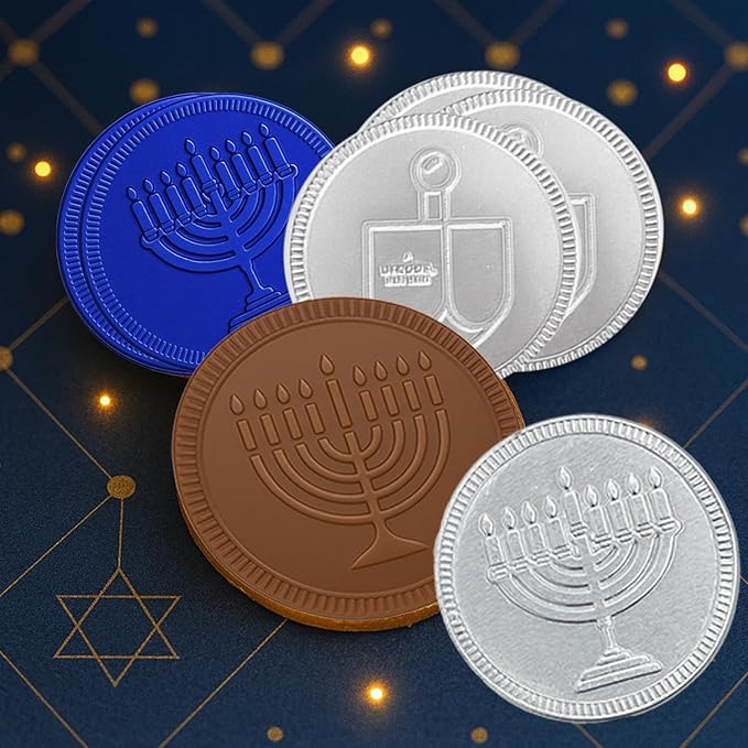 The Dreidel Company Blue & Silver Hanukkah Milk Chocolate Coins, Hanukkah Design Gelt, Gluten Free, Non GMO, Kosher Certified OU-D (50-Pack)