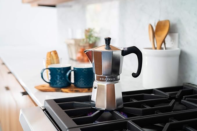 Bellemain Stovetop Espresso Maker | Italian Moka Pot Espresso Maker, Classic Aluminum Design Mocha Pot for Home Brewing & Camping | Easy to Use & Clean - 3-Cup, Silver