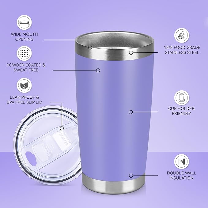 20 oz Tumbler Stainless Steel Tumblers Bulk with Lid Double Wall Insulated Coffee Tumbler Cups for Hot & Cold Drinks Powder Coated Travel Coffee Tumbler Mug Metal (Lavender, 1 pack)