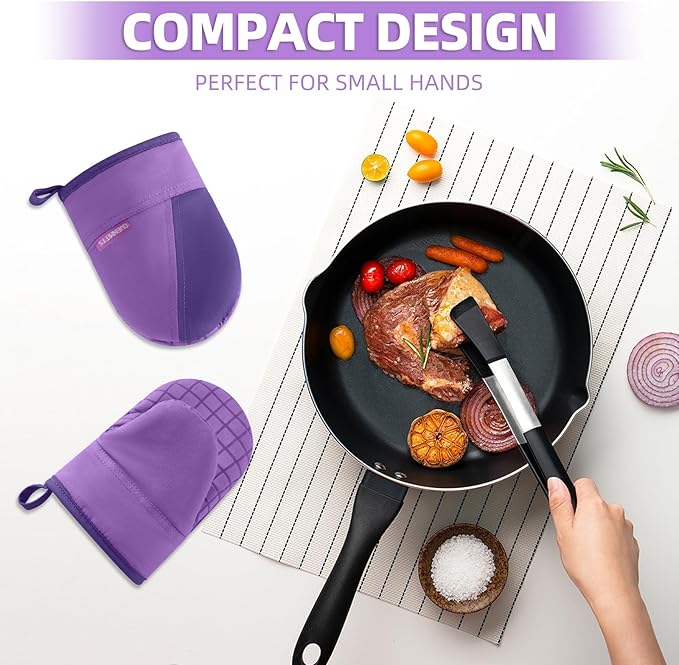 Mini Oven Mitts, Kitchen Oven Gloves Kitchen Mittens 500 Degrees Heat Resistant Baking Gloves, Non-Slip Silicone Surface with Hanging Loops Hot Gloves for Cooking, Baking, BBQ 1 Pair-Purple